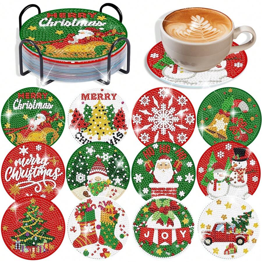 12pcs Christmas Santa Claus & Tree DIY Diamond Painting Coaster Kit, 5D Diamond Art Coasters For Home Decor, Craft Gift, Suitable For Beginners, Indoor Decoration, Develop Hands-On Ability, Acrylic Diamond Coaster With Cork Mat, Adult DIY Diamond Painting Craft, Ideal For Diamond Painting Enthusiasts, Holiday Gift, Includes Tools, With Iron Stand Coaster
