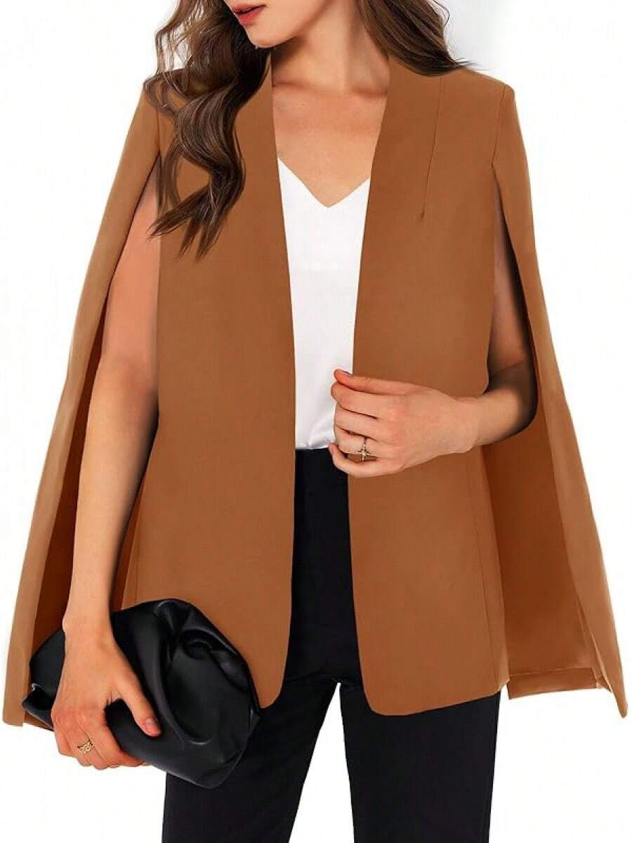Womens Cape Split Sleeve Open Front Casual Coat Work - Style BYIL - 焦糖 - 查看 1