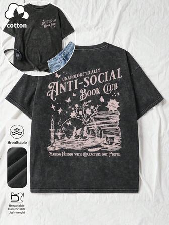 女式夏季反社会读书俱乐部图案印花圆领短袖简约休闲日常黑色加大码水洗T恤上衣