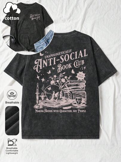 女式夏季反社会读书俱乐部图案印花圆领短袖简约休闲日常黑色加大码水洗T恤上衣