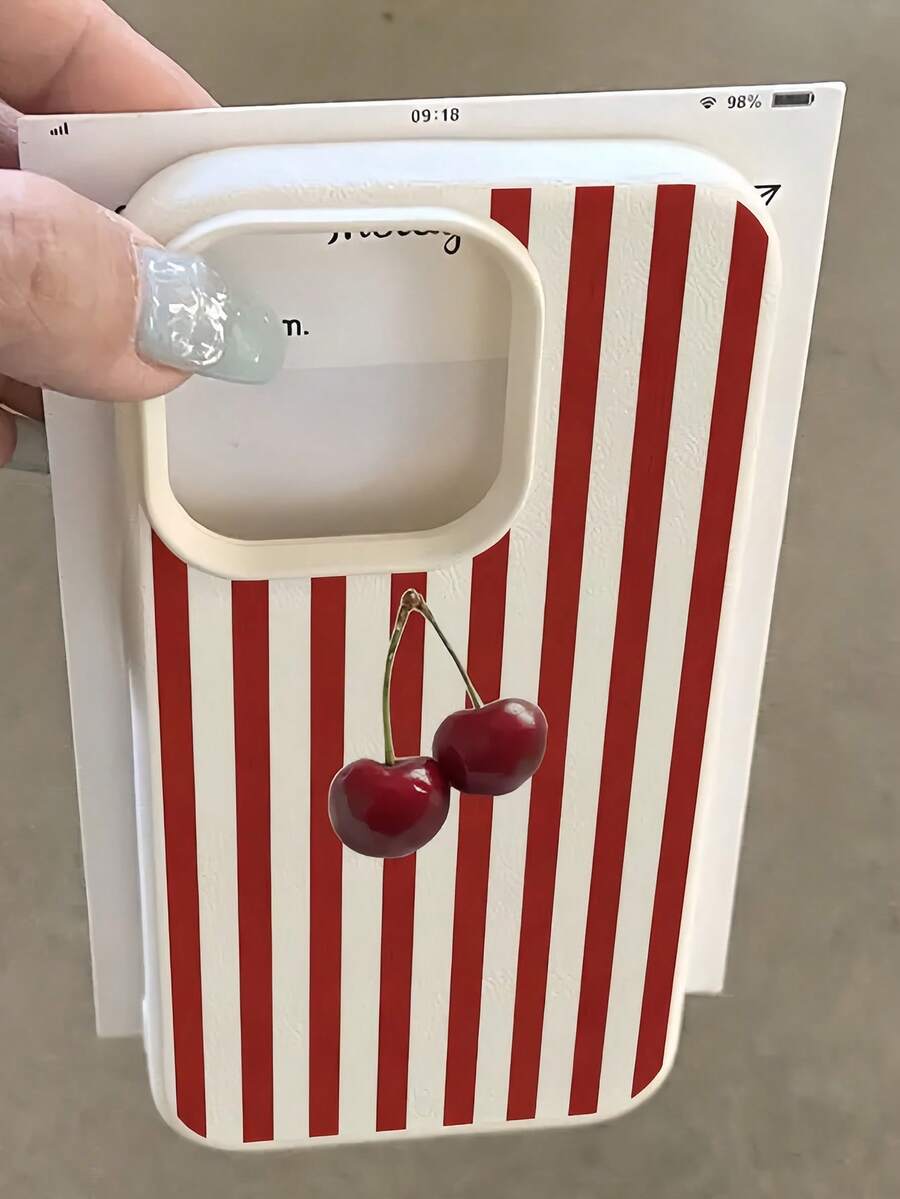 1 件白色和红色条纹樱桃图案全覆盖 TPU 防震手机壳，适用于 Apple 16、15、14、13、12、11 Pro Max 和系列