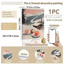 1 pezzo, Quadro su tela, Decorazione natalizia da parete incorniciata, Stampa artistica di una ragazza con cioccolata calda, Stampa artistica di un carrello bar da stazione sciistica, Decorazione moderna da caffè con scena invernale, Decorazione natalizia per la casa, Arte da parete minimalista, Arte moderna, Decorazione contemporanea per la casa, Decorazione da parete per il soggiorno
