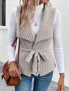 女式秋冬夏尔巴羊毛双面条纹领带背心夹克，保暖 - 杏色 - 查看 4