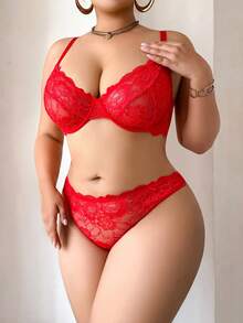 1 Bộ áo ngực ren trơn màu cỡ lớn thoải mái có gọng nâng ngực cho nữ - Đỏ - Xem 5