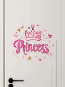 1pc Princess Vinyl Wall Decal, Art Deco Style Pink Crown & Glitter, Self-Adhesive Cartoon Door Sticker For Girls' Bedroom, Glossy Finish, Plastic Surface Compatible, Single Use Decorative Wall Art