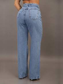 Peg Vest Premium Wide Leg Jeans With Rhinestone Shine And High Waist - Rửa trung bình - Xem 2