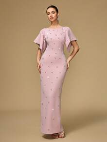 Women's Round Neck Puff Sleeve, Drawstring Back Neck, Handmade Rhinestone Embellished Elegant Dress - Pink - View 5