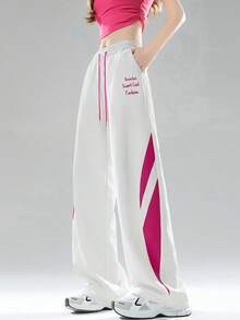 2025 Summer Colorblock Lightweight Straight Drawstring Waist High Waist Slimming Casual Pants