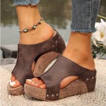 Ladies' Retro Wedge Sandals - Side Open Hollow Design, Comfortable Summer Platform Shoes, Casual Slip-On Design, Artificial Covering Fabric And EVA/PVC Sole, Stylish Metal Buckle Details