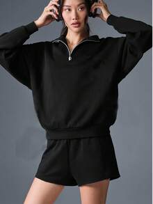 Women's Comfortable Ribbed Knit Casual 2 Pieces Set With Zip Collar Top And Shorts, Medium Stretch