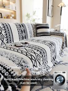 1pc Bohemian Style, Winter Warm Material Sofa Cover, Soft & Skin-Friendly, Pet Friendly, Anti-Slip, Anti-Dirt, Anti-Scratch, Machine Washable, Suitable For All Seasons, Can Be Used For Outdoor Sofa Chairs, Fits 1-Seat, 2-Seat, 3-Seat, 4-Seat Sofas - Black - View 3