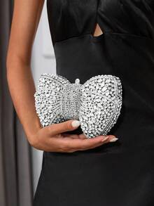 Women Luxury Bowknot Shaped Evening Clutch Sparkling Rhinestones Handbag For Banquet - Silver - View 3