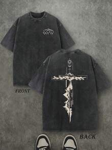 Retro Washed T-Shirt Double Sided Printed (230 Pure Cotton T-Shirt) 'ROMANS' God Is Greater Than Our Highs And Lows Christian Gift Letter Print, Men's T-Shirt, Men's Casual, Comfortable, Fashionable T-Shirt, Street Style Cotton - 黑色 - 查看 1