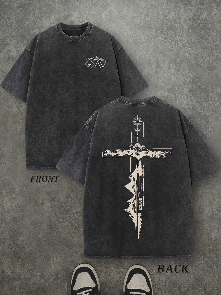 Retro Washed T-Shirt Double Sided Printed (230 Pure Cotton T-Shirt) 'ROMANS' God Is Greater Than Our Highs And Lows Christian Gift Letter Print, Men's T-Shirt, Men's Casual, Comfortable, Fashionable T-Shirt, Street Style Cotton - 黑色 - 查看 1