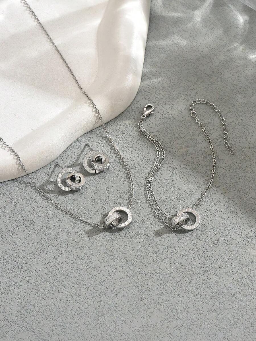 4 件套不锈钢简约奢华精致水钻罗马数字项链，百搭时尚独特设计，适合女性日常佩戴 - 銀色羅馬數位鑲鑽項鍊套裝 - 查看 1