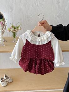 3pcs Baby Girl Sweet Peter Pan Collar Undershirt, Ditsy Floral Vest, Ruffle Pants Set, Autumn