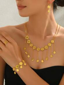 1 Set Ancient Coin Necklace, Earrings, Bracelet, Ring Vintage Element Jewelry Set, Ideal For Weddings, Parties, Festivals - Yellow Gold - View 5