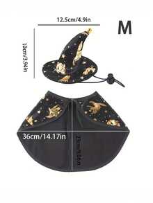 Cute Halloween Cat Witch Costume - Black And Gold Polyester Pet Costume With Wizard Hat And Star Pattern Cape, Includes Matching Collar - Multicolor - View 3