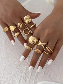 14pcs/Set Minimalist Punk Fashion Multi-Element Asymmetrical Wave Geometric Round Water Drop Rings, Vintage Metal Gold Color Thick Ring Set, Suitable For Women Daily Wear, Holiday Decoration, Party Outfit, Festival Gift