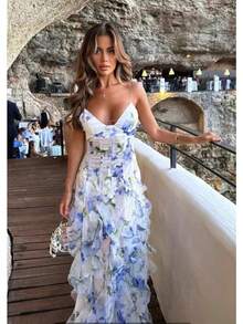 New Off-The-Shoulder European And American Women's Fashion Chiffon Print Fairy Long Temperament Evening Dress - 藍色 - 查看 2