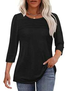 3 件纯色圆领 3/4 袖圆领休闲宽松上衣，女款，春秋季 - 深粉紅+海藍+黑色 - 查看 4