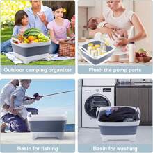 Collapsible Dish Basin With Drain Plug, Space Saving Outdoor Multiuse Foldable Sink Tub, Dishpan, Kitchen Storage Tray For Camping, Vegetable Washing, RV (Gray) - 灰色 - 查看 4