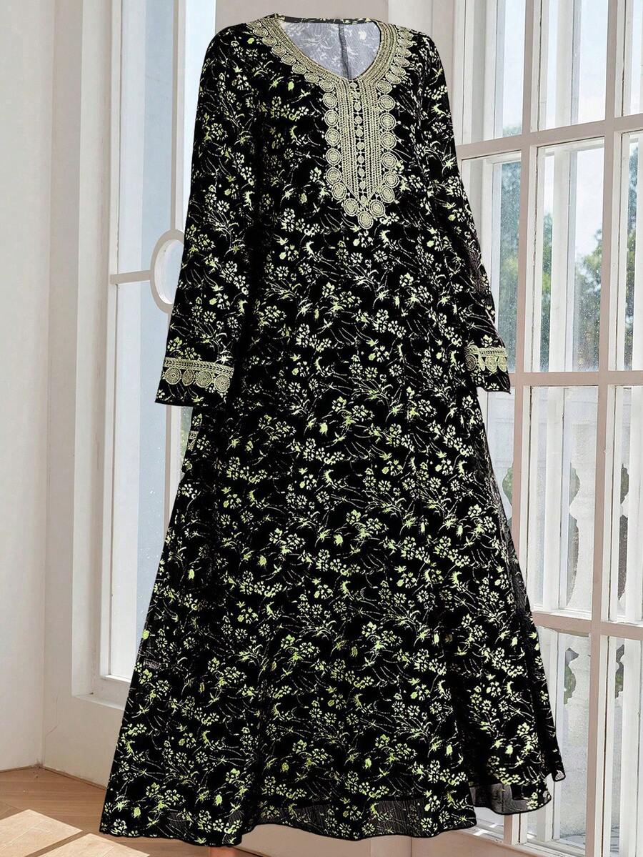 Women's Plus Size Middle Eastern Robe Muslim New Robe Lace Patchwork Loose Dress Dress