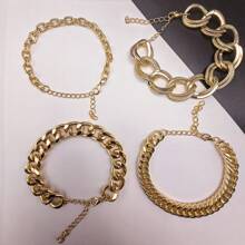 4Pcs Simple Punk Chunky Chain Bracelet Set Metal Link Chain Combo, Ensemble With Rope,And Twisted Designs Multi Layered Bracelet Women's Holiday Dating Gift Daily Matching