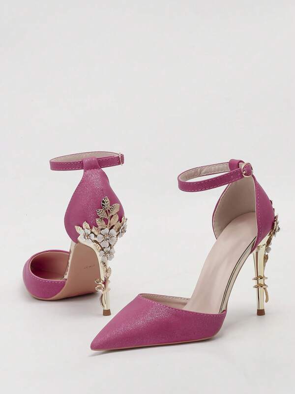 Fashionable Metallic Floral Stiletto High Heel Pointed Toe Strap Sandals, Sexy & Luxurious Women Dress Shoes