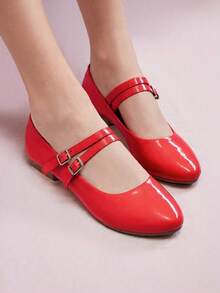 Zapatos planos negros estilo Mary Jane con plataforma perforada y tacón bajo, mocasines casuales con hebilla y cómodos zapatos Oxford con punta cuadrada, versátiles para uniformes escolares. - Rojo - Ver 3