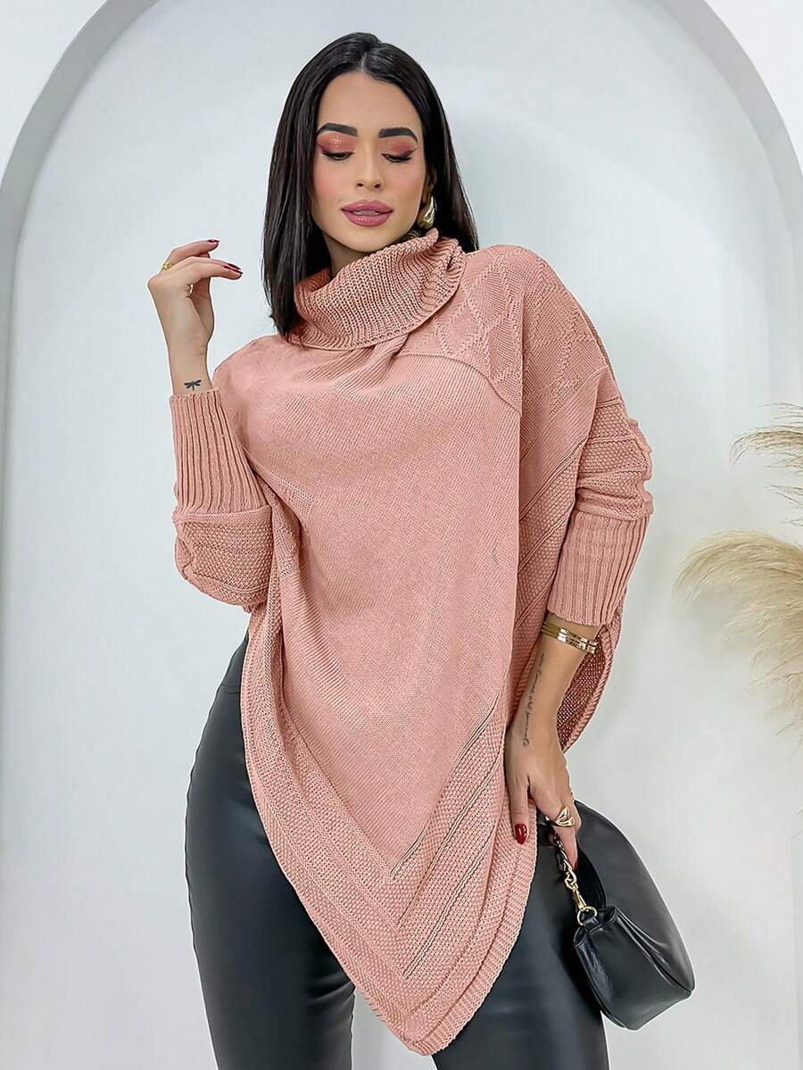 Women's Poncho Wool Coat Knit Cold Winter Blouse Beak - Rose - View 1