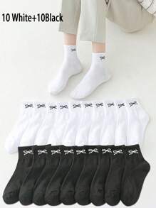5/10 双夏季薄款蝴蝶结设计袜子，女士简约 INS 透气运动短袜，适合返校