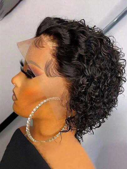 Deep Wave Pixie Cut 13 X 1 Lace Front Wigs 6Inch Black Color Short Short Human Hair