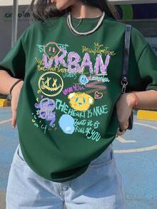 少女涂鸦都市印花短袖柔软T恤，街头休闲夏季服饰，女童上衣 - 墨綠色 - 查看 1