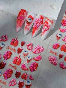 1 片 3D 立体哥特风万圣节美甲贴纸，饰有恐怖的眼睛和器官图案，一次性自粘，是个性化 DIY 美甲和万圣节礼物的理想之选。 - 玫紅色 - 查看 6