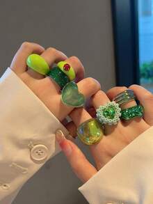 8pcs/Set Green Rhinestone Heart Design Fashion Ring Set, Layered Rings Jewelry Gift For Women, Girls, Friends, Suitable For Daily, Party, Travel Occasions - 8 Sets KRMS10-29 - View 2