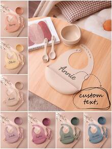 4PCS Personalized Customization Name Baby Silicone Tableware Suction Bowl Adjustment Bib Portable Spoon Fork Custom Color Contrast Dinner Set Back To School Winter Gift Ideas Boy Girl Valentine's Day, Letter, Ornamental, Exquisite, Stylish, Modern, Casual, Custom, Personalized, Unique, Customized, Ideal Gifts For Him, Ideal Gifts For Her, Son, Daughter - Multicolor - View 1