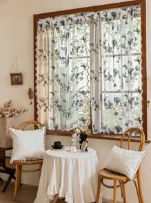 1 件米色绣花菊花蕾丝薄纱窗帘 - 黑色 - 查看 6