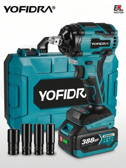 Yofidra Destornillador de impacto inalámbrico, 1500 W, 1000 Nm, llave de impacto eléctrica sin escobillas, destornillador inalámbrico de 1/2", juego de taladro y vasos, con luz de trabajo LED.