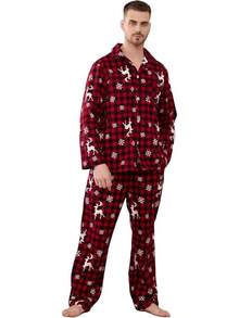 Men 100% Cotton Pajama Set, Soft Warm Button Down Pajama Sets For Men Comfy Plaid Fun Prints Lounge With Pocketshalloween - 布法羅格子-紅鹿 - 查看 1