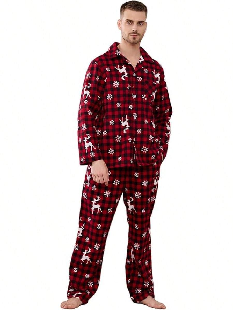 Men 100% Cotton Pajama Set, Soft Warm Button Down Pajama Sets For Men Comfy Plaid Fun Prints Lounge With Pocketshalloween - 布法羅格子-紅鹿 - 查看 1