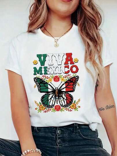Camiseta Casual Viva México con Estampado de Mariposas y Flores, Elástica y Transpirable, Cuello Redondo, Manga Corta, Perfecta para Uso Casual