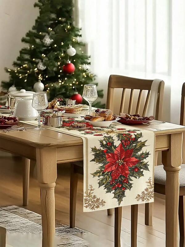 1 pezzo Centrotavola decorativo natalizio, tovaglia con motivo floreale natalizio, elementi decorativi natalizi, ghirlanda natalizia, decorazione con rami sempreverdi, sciarpa decorativa per camino, disponibile in diverse misure per adattarsi a diversi scenari di arredamento domestico, sciarpa per camino, sciarpa per porte e finestre in vetro, decorazione per la casa, decorazione per l'ingresso, decorazione per la tavola da pranzo natalizia