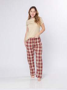 Women's Plaid Pajamas, Flannel Pants With Pocket And 100% Cotton T-Shirt - Màu be - Xem 1