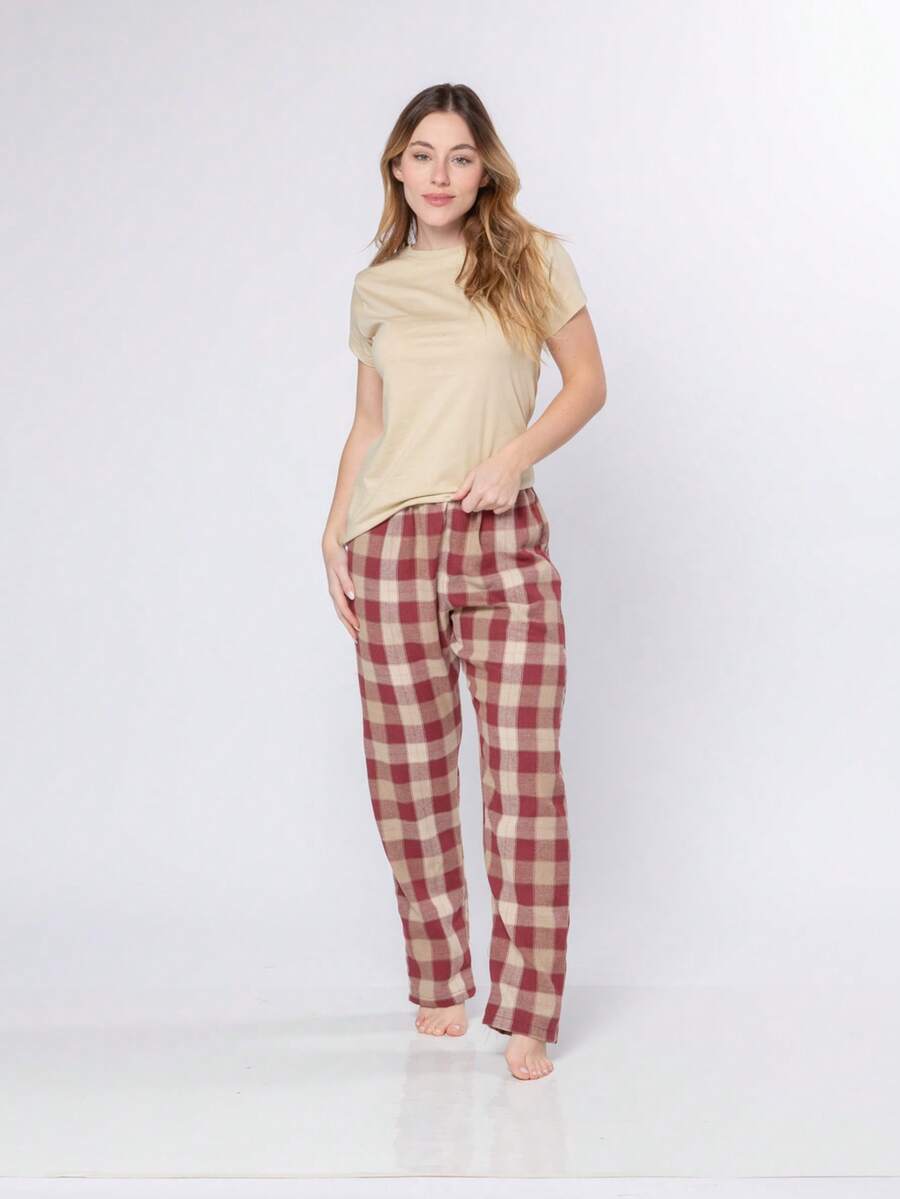 Women's Plaid Pajamas, Flannel Pants With Pocket And 100% Cotton T-Shirt - Màu be - Xem 1