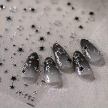 Whimsical Star Charm Nail Art Stickers - 3D Embossed, Cartoon Style, Glossy Finish, Self-Adhesive, Disposable, No Needle, Plastic Surface Embroidery Design, Perfect For Manicure And Pedicure Accessories - 黑色+銀色 - 查看 6
