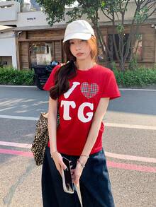 Back To School Cute Heart & Letter Print Casual Round Neck Short Sleeve T-Shirt For Women, Spring/Summer Red - Red - View 2