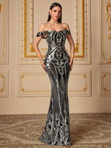 UNITHORSE [Random Cut] Women's Off-Shoulder Backless Dress, Shiny Sequin Elegant Evening Gown, Bridal Dress, Birthday Dress, Graduation Dress, Formal Dress - Silver - View 4