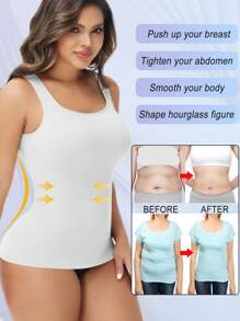 Slimming Women Tummy Control Shapewear Abdomen Compression Camisole Cami Vest Scoop Neck Tank Top Body Shaper Ladies Underwear Undershirts Shaping Tops Shirts Wide Shoulder Strap No Pad - White - View 2