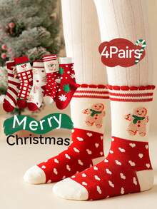 4 Pairs Children's Socks For Autumn And Winter, Girls' Christmas Socks For Autumn, Cute Mid Length Socks For Winter, Warm Baby Socks, Christmas Gift Socks - Multicolor - View 2